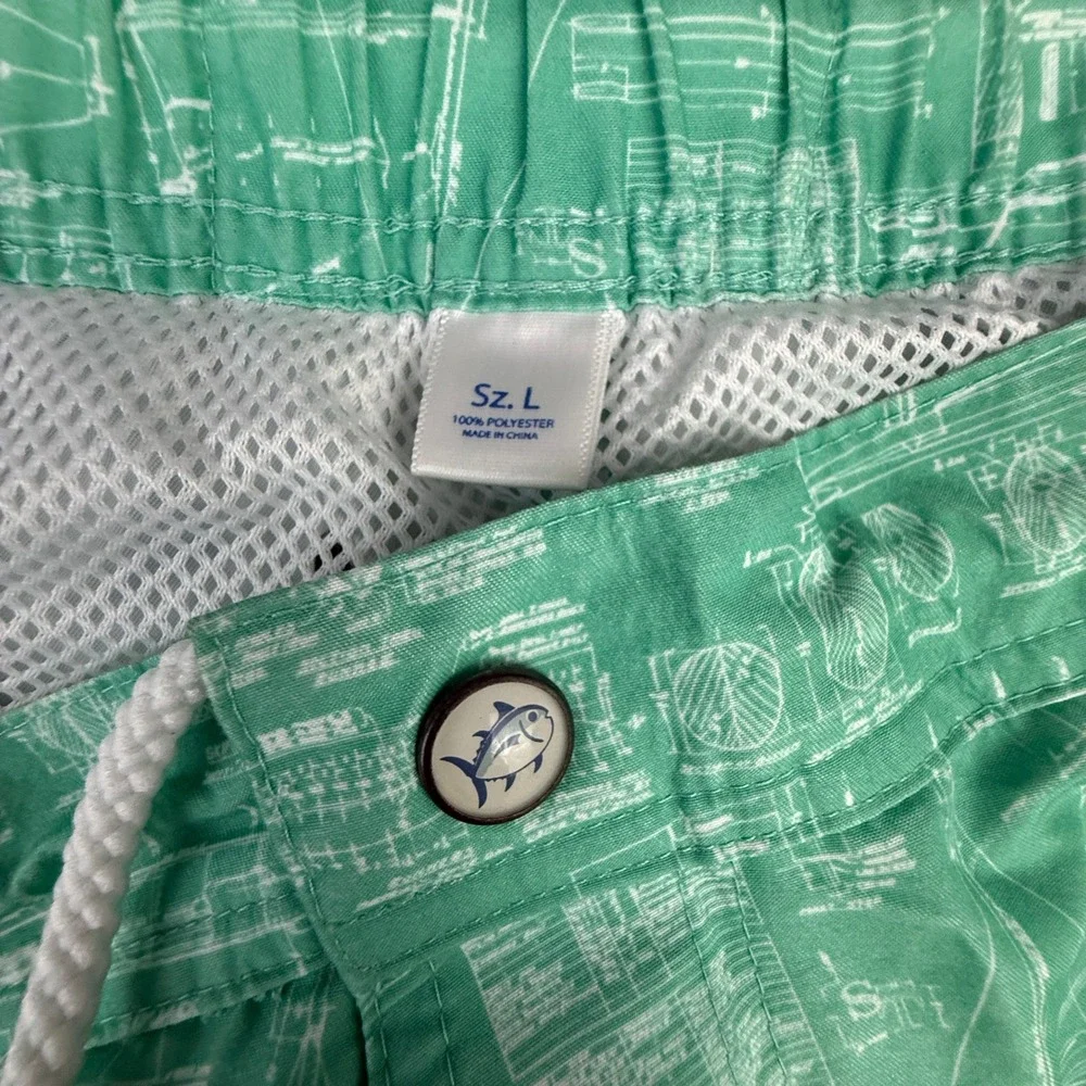 Southern Tide Water Shorts Mens Large Green Nautical Blueprint Swim Trunks Lined